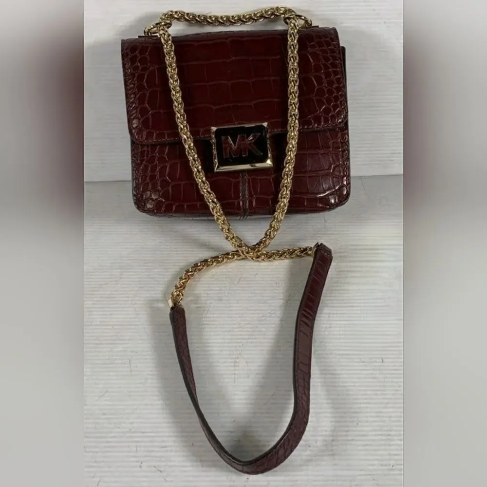 Michael Kors MK Sonia Red Burgundy Croc Embossed Square Crossbody Shoulder Bag